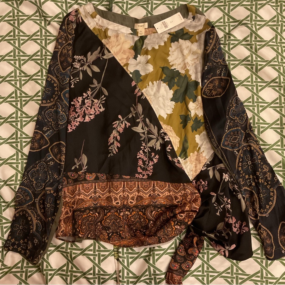 Anthropologie floral multi color print long sleeve blouse size L